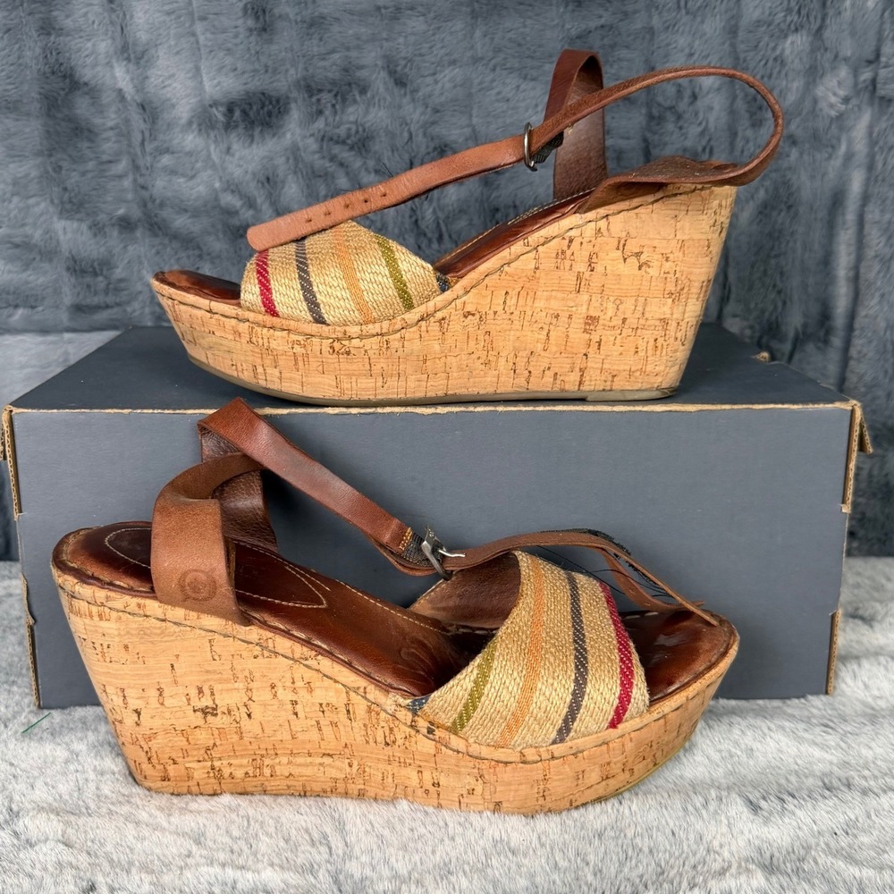 Born Womens Brown Leather Cork Platform Wedge Sandals Multi Color Stripe Size 8